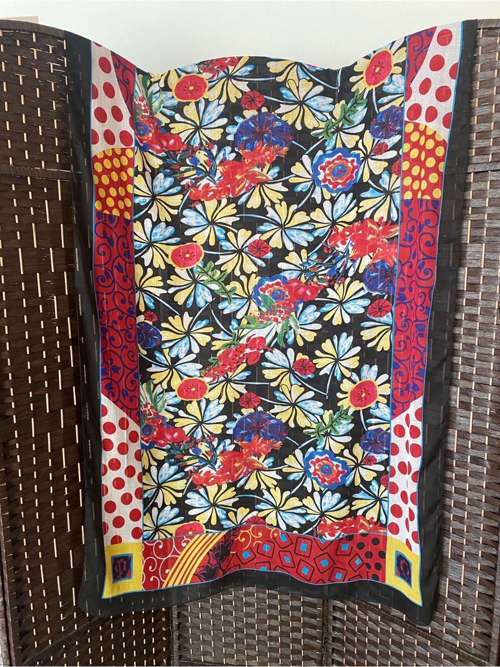 Antica Sartoria Floral Multicolor 100% Cotton Scarf - Black, Red & Yellow